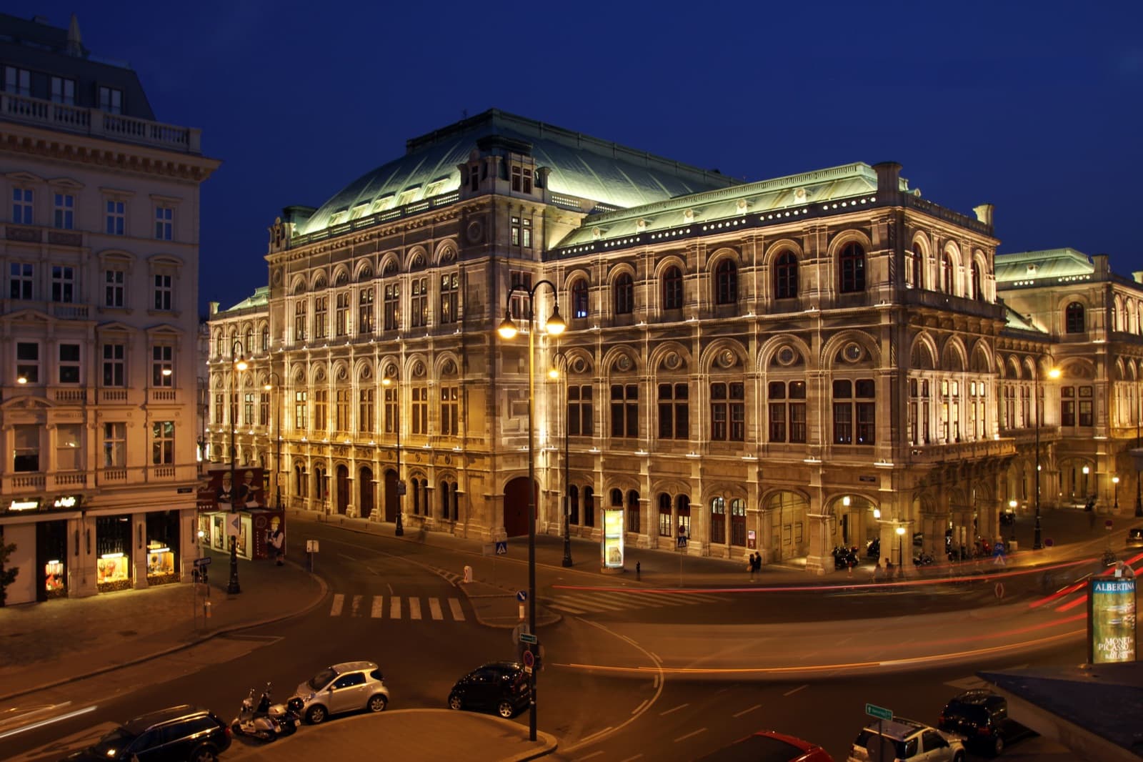 Vienna street at night with elegant alternative nightlife mood
