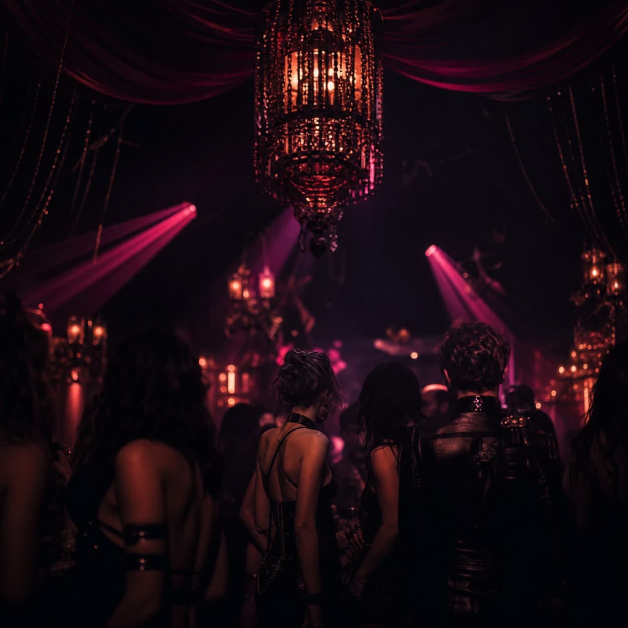 Anonymous people entering a dark nightlife venue with neon lights