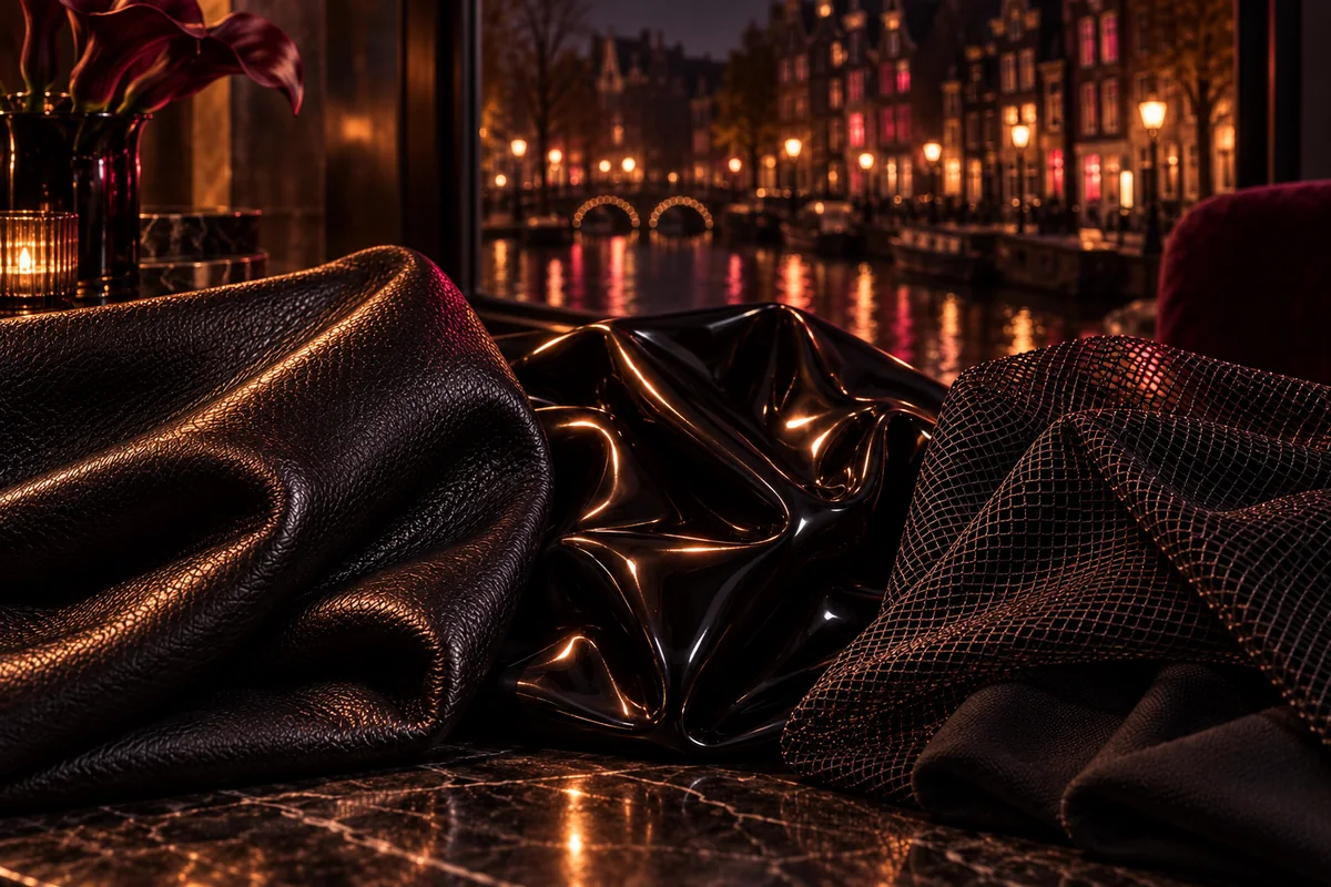 Close-up of grained black leather, glossy black latex and fine black mesh layered over opaque fabric.
