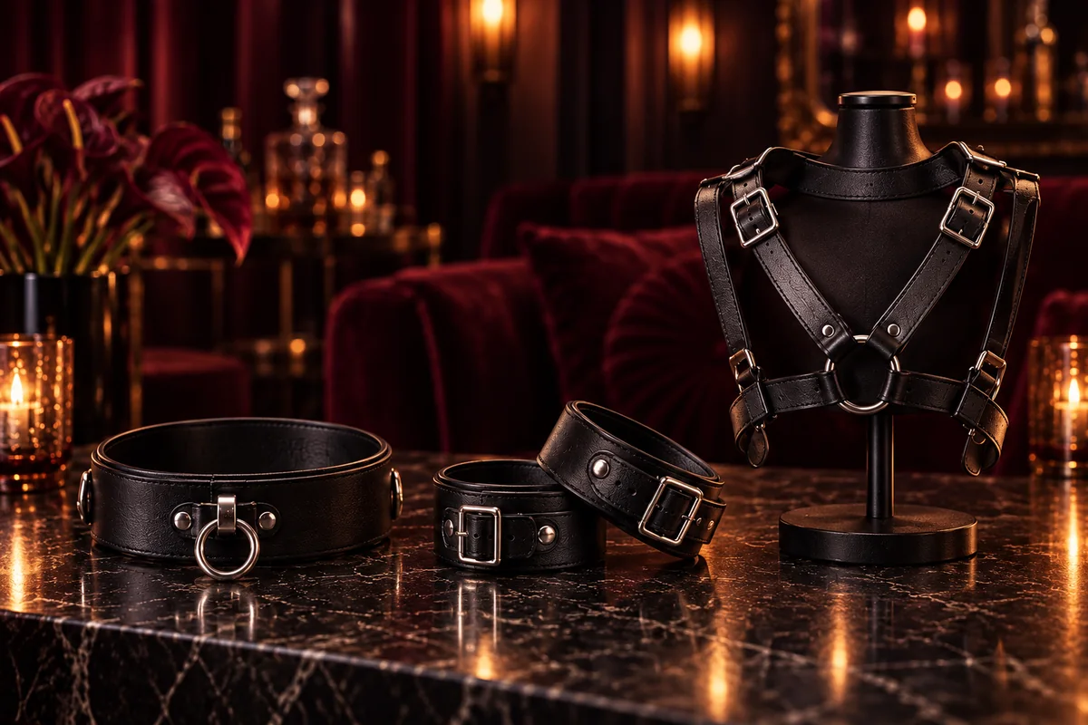 Black leather collar with a silver ring, two wrist cuffs and a structured fashion harness on a small stand.