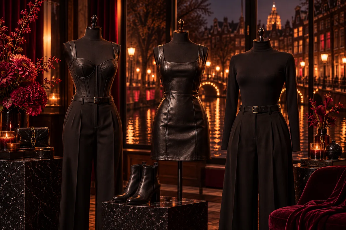 Three black outfit ideas: a corset-style top with trousers, a leather dress, and a long-sleeved bodysuit with wide-leg trousers.